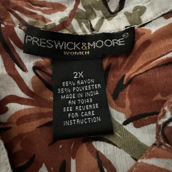 Preswick & Moore 2X Top Shirt Brown Floral Flower Button Up Short Sleeve V Neck - Picture 7 of 7